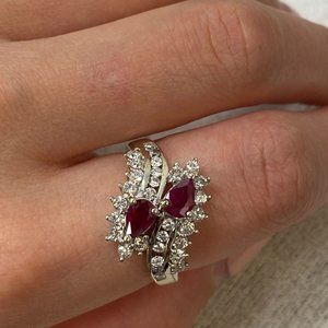 Rachel Koen Pear Shaped Ruby & Diamond Ring 14K White Gold Size 9.75